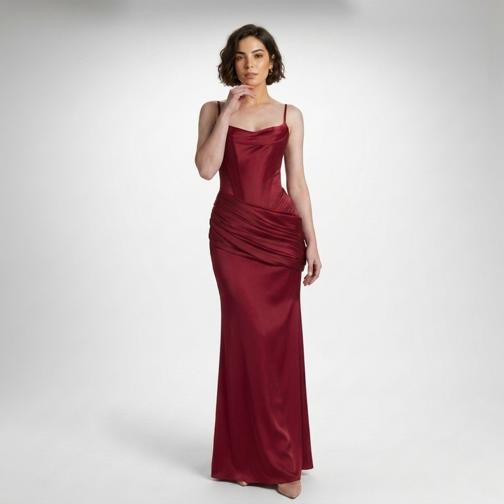 Kaminski | Elegancka Satynowa Sukienka Maxi z Gorsetem i Drapowaniem