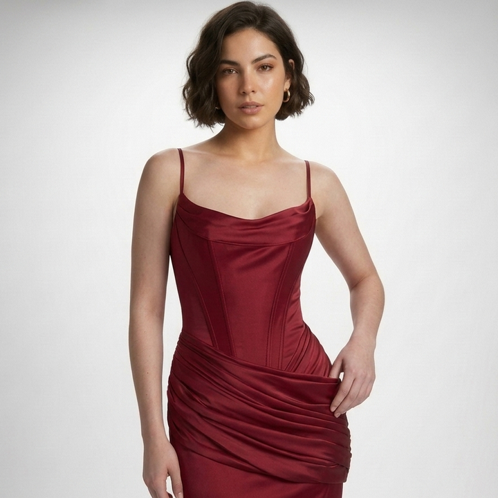 Kaminski | Elegancka Satynowa Sukienka Maxi z Gorsetem i Drapowaniem