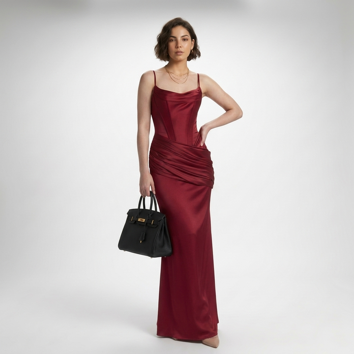 Kaminski | Elegancka Satynowa Sukienka Maxi z Gorsetem i Drapowaniem