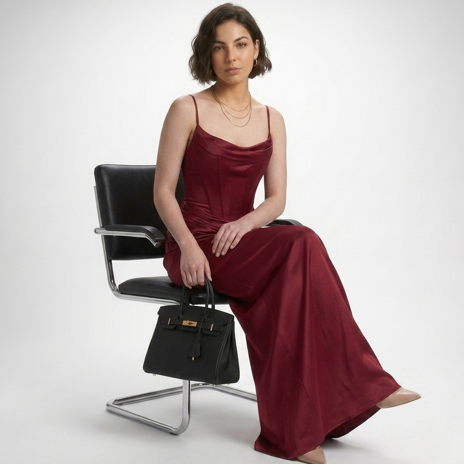 Kaminski | Elegancka Satynowa Sukienka Maxi z Gorsetem i Drapowaniem