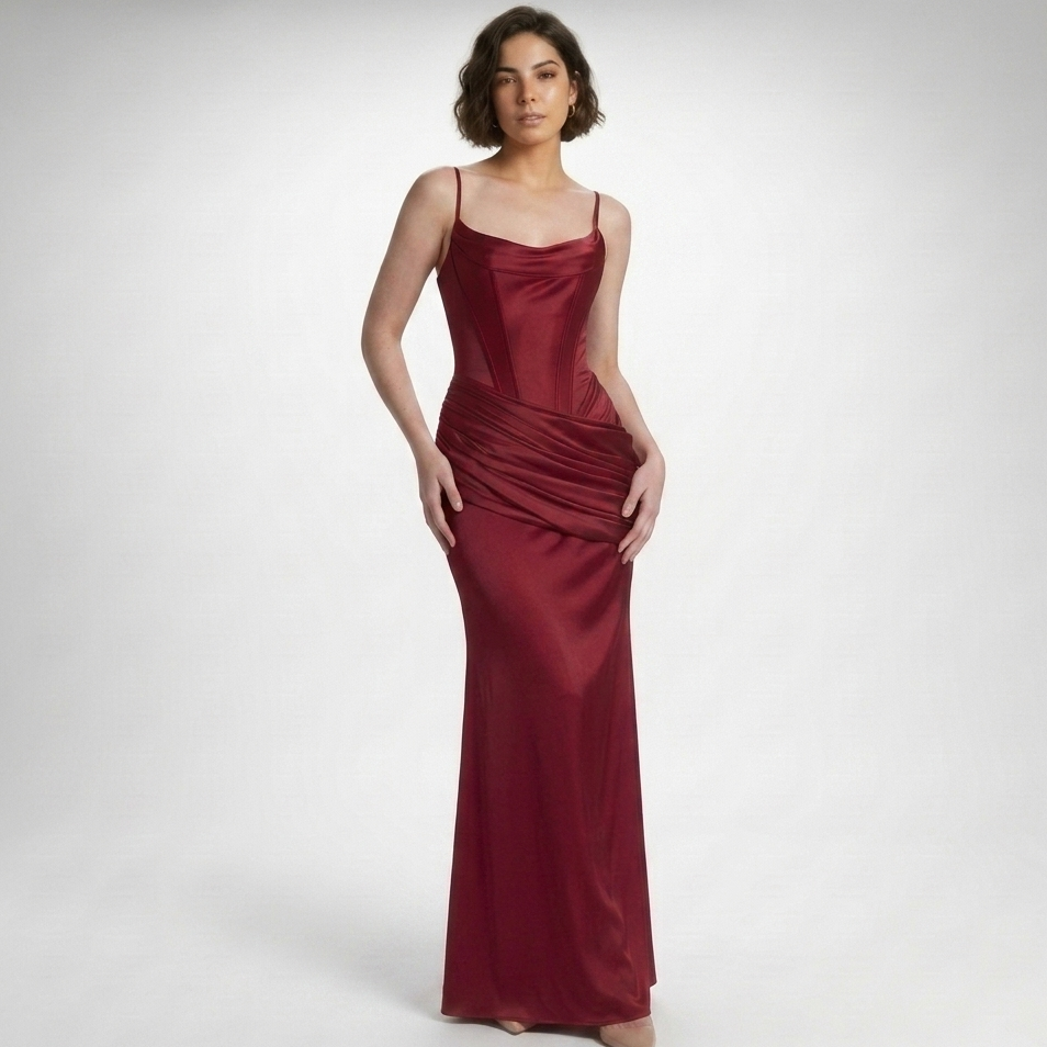 Kaminski | Elegancka Satynowa Sukienka Maxi z Gorsetem i Drapowaniem