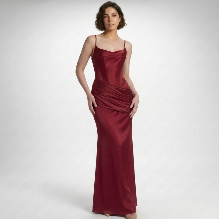 Kaminski | Elegancka Satynowa Sukienka Maxi z Gorsetem i Drapowaniem