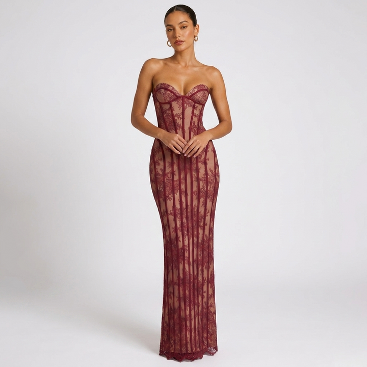 Kaminski | Elegancka Koronkowa Sukienka Maxi z Gorsetem i Dekoltem Sweetheart