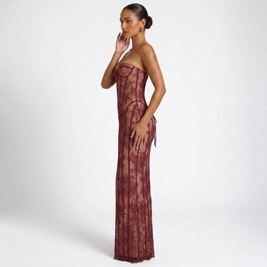 Kaminski | Elegancka Koronkowa Sukienka Maxi z Gorsetem i Dekoltem Sweetheart