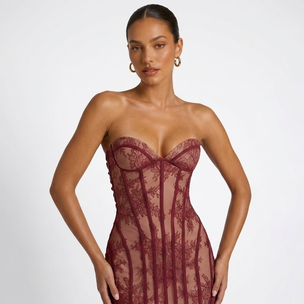 Kaminski | Elegancka Koronkowa Sukienka Maxi z Gorsetem i Dekoltem Sweetheart