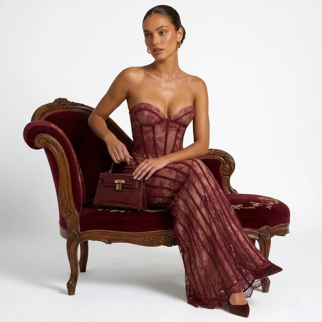 Kaminski | Elegancka Koronkowa Sukienka Maxi z Gorsetem i Dekoltem Sweetheart