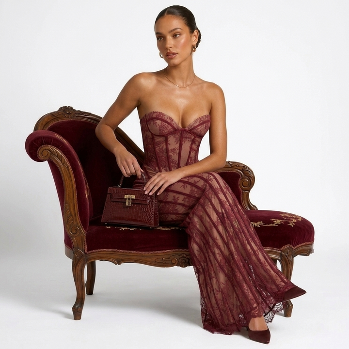 Kaminski | Elegancka Koronkowa Sukienka Maxi z Gorsetem i Dekoltem Sweetheart