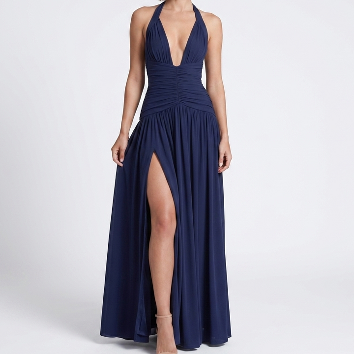 Kaminski | Elegancka Sukienka Maxi Halter z Głębokim Dekoltem i Rozcięciem
