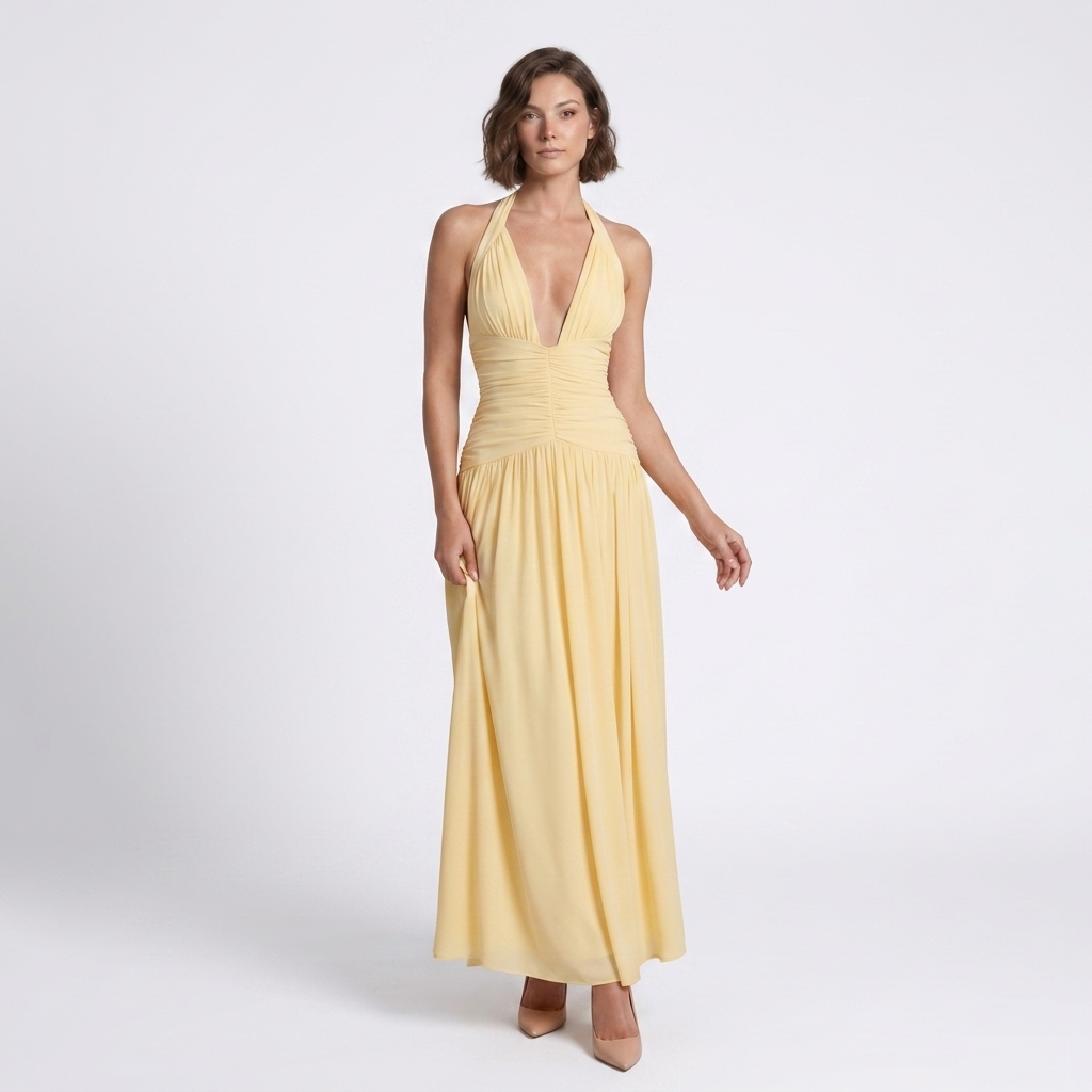 Kaminski | Elegancka Sukienka Maxi Halter z Głębokim Dekoltem i Rozcięciem