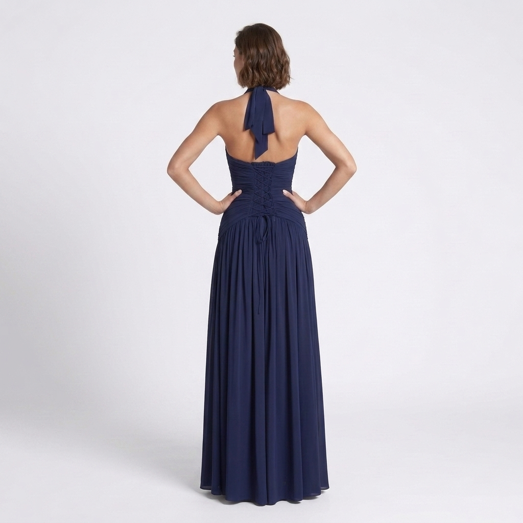 Kaminski | Elegancka Sukienka Maxi Halter z Głębokim Dekoltem i Rozcięciem