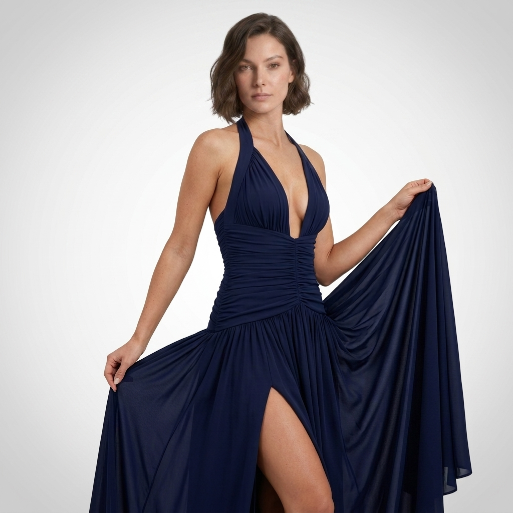 Kaminski | Elegancka Sukienka Maxi Halter z Głębokim Dekoltem i Rozcięciem