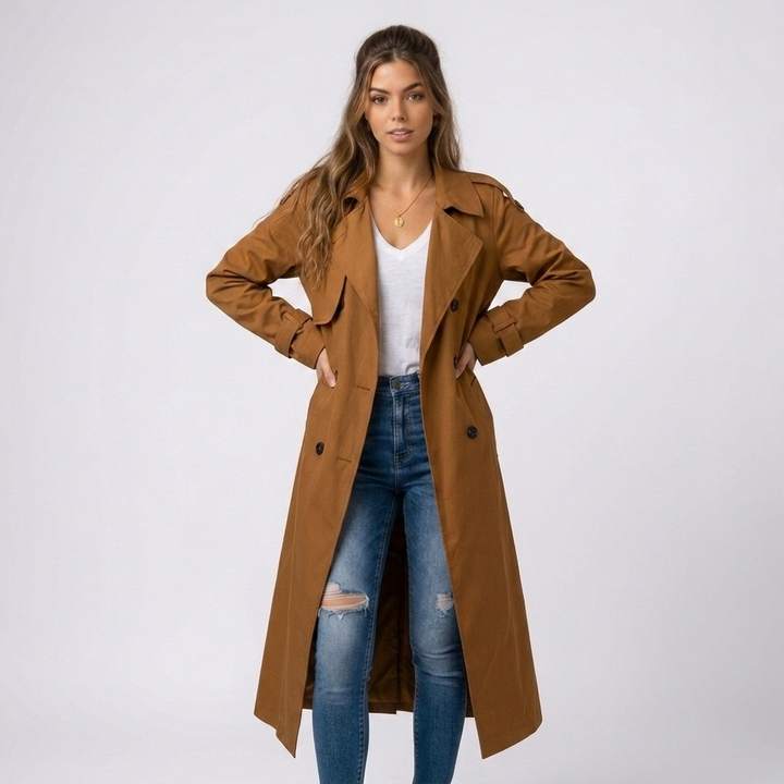 Kaminski | Elegancki Długi Trencz Damski Dwurzędowy z Paskiem