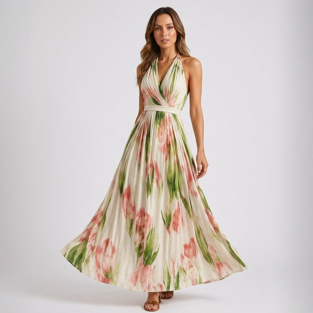 Kaminski | Elegancka Sukienka Maxi w Kwiaty z Dekoltem Halter