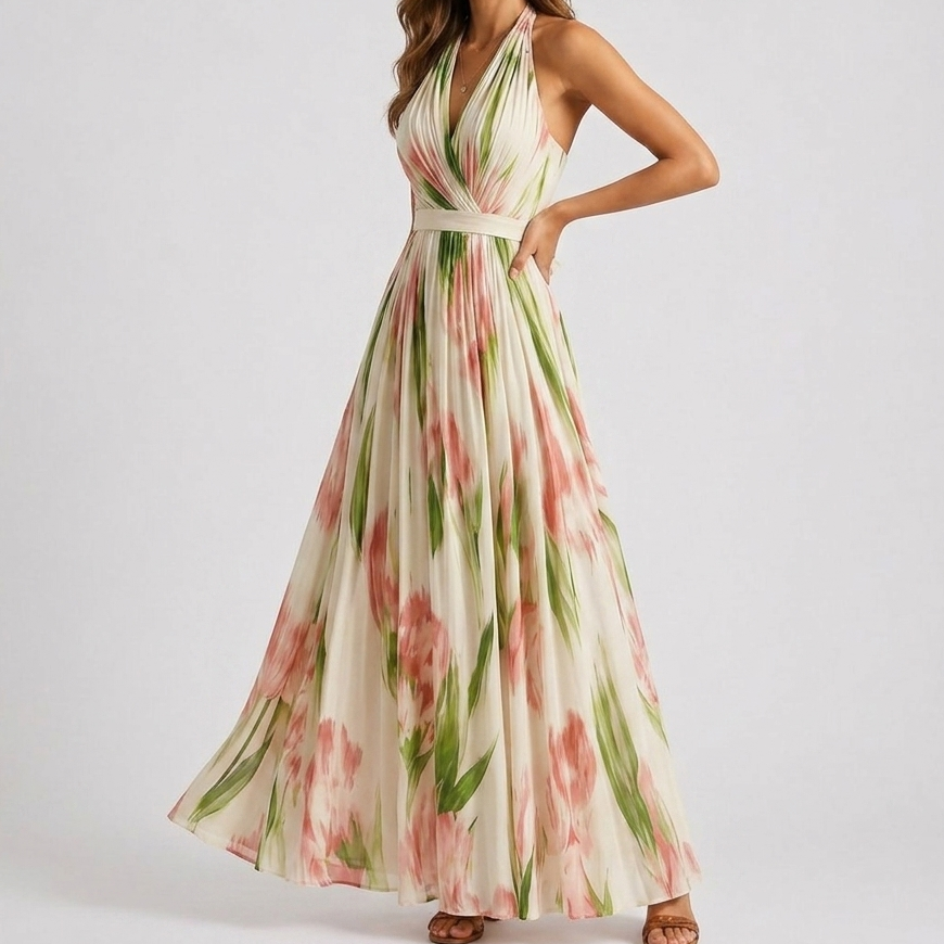 Kaminski | Elegancka Sukienka Maxi w Kwiaty z Dekoltem Halter