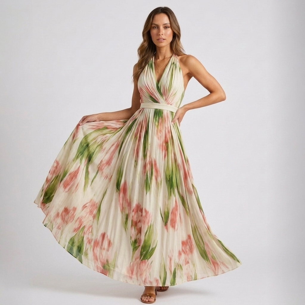 Kaminski | Elegancka Sukienka Maxi w Kwiaty z Dekoltem Halter
