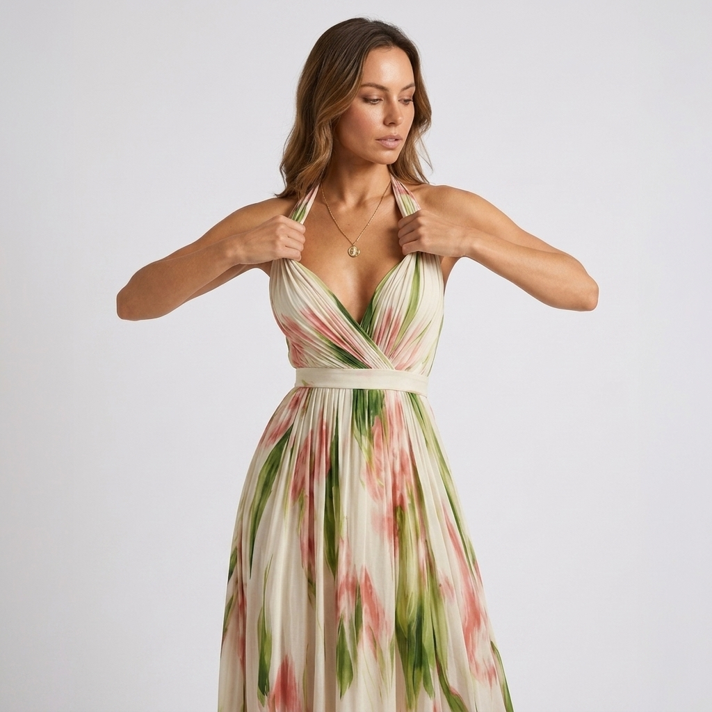 Kaminski | Elegancka Sukienka Maxi w Kwiaty z Dekoltem Halter