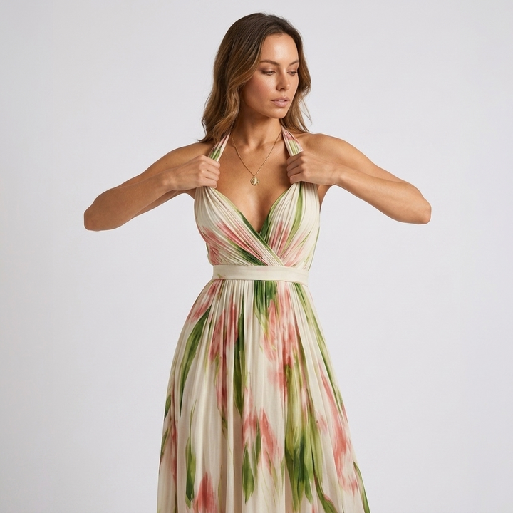 Kaminski | Elegancka Sukienka Maxi w Kwiaty z Dekoltem Halter