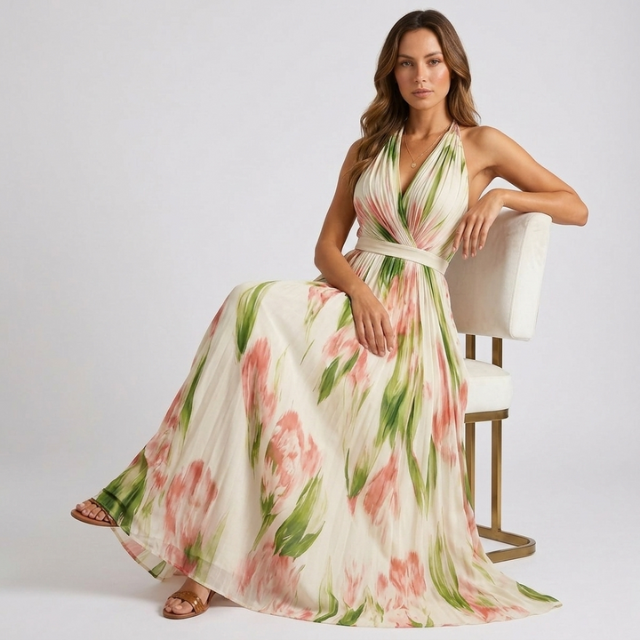 Kaminski | Elegancka Sukienka Maxi w Kwiaty z Dekoltem Halter