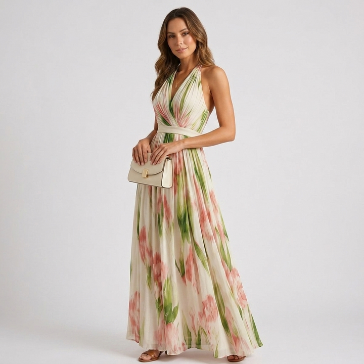 Kaminski | Elegancka Sukienka Maxi w Kwiaty z Dekoltem Halter