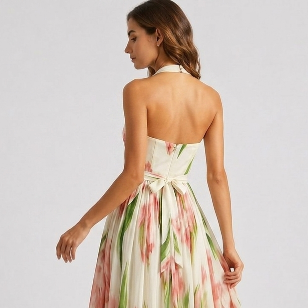 Kaminski | Elegancka Sukienka Maxi w Kwiaty z Dekoltem Halter