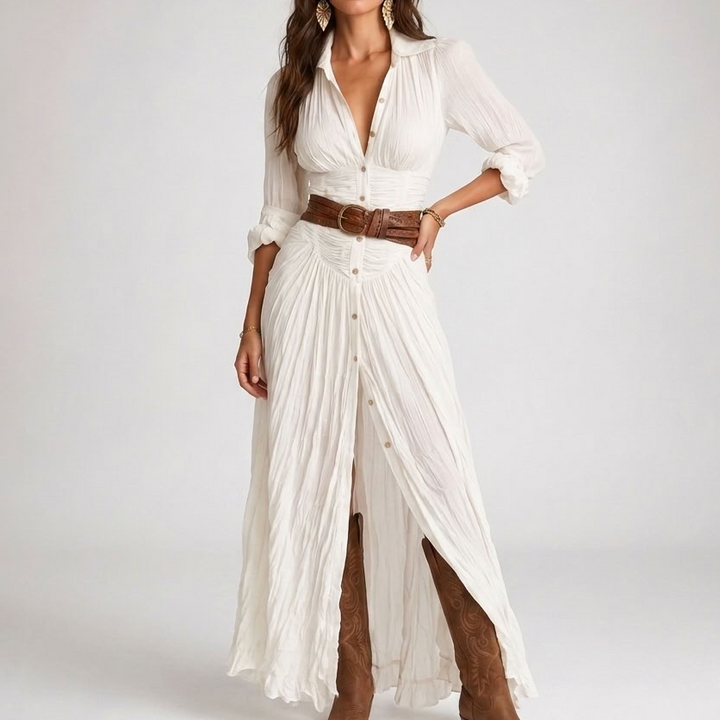 Kaminski | Sukienka Maxi w Stylu Western z Guzikami i Rozcięciem