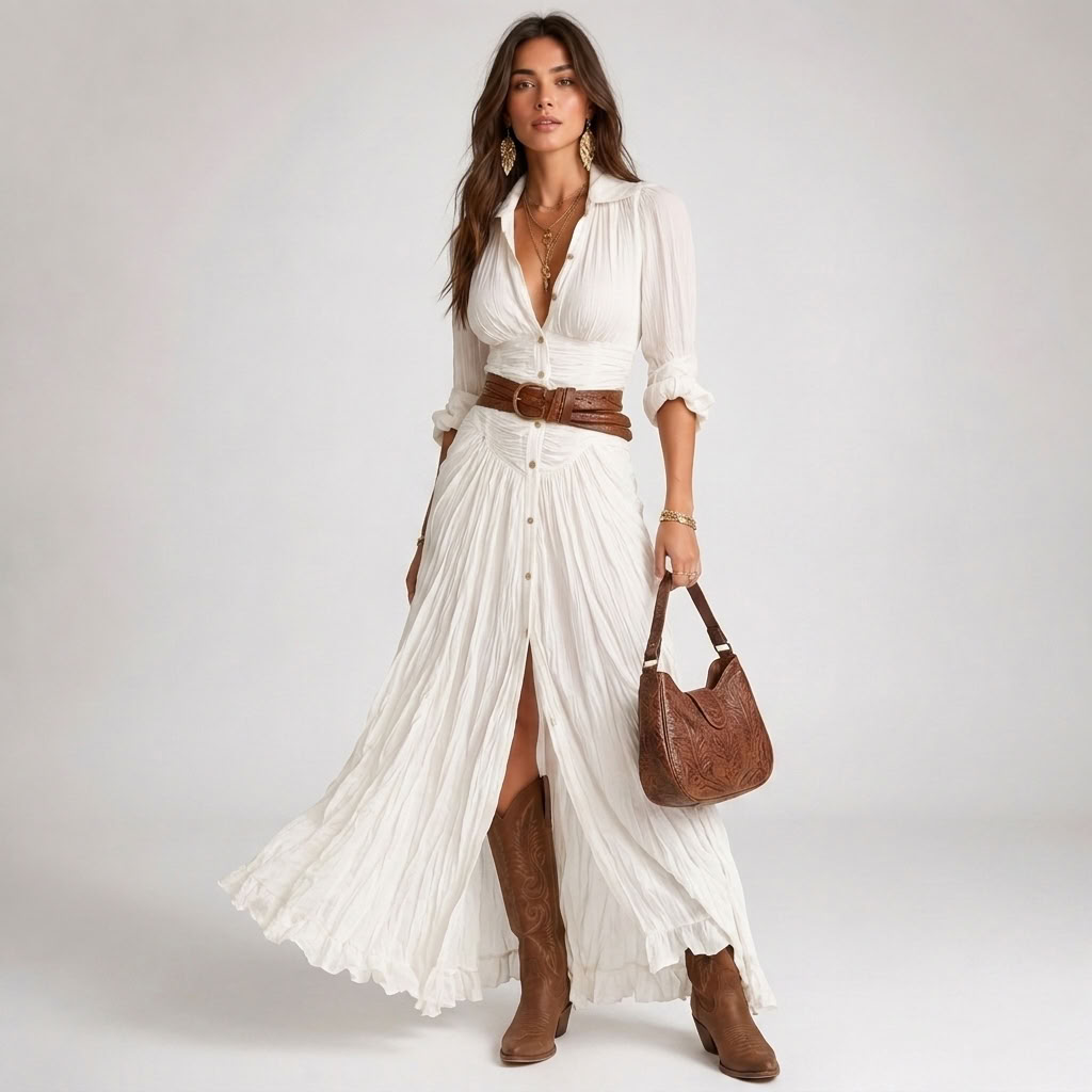 Kaminski | Sukienka Maxi w Stylu Western z Guzikami i Rozcięciem