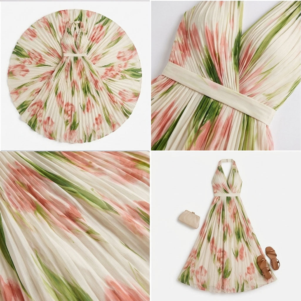 Kaminski | Elegancka Sukienka Maxi w Kwiaty z Dekoltem Halter