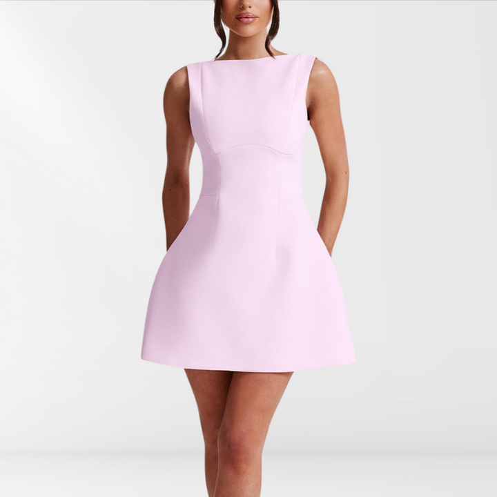 Mini letnia sukienka bez ramiączek różowa z dekoltem halter – Naomi