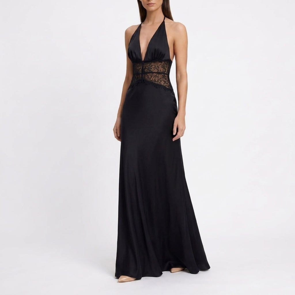 Kaminski | Elegancka Sukienka Maxi Halter z Koronkową Talią