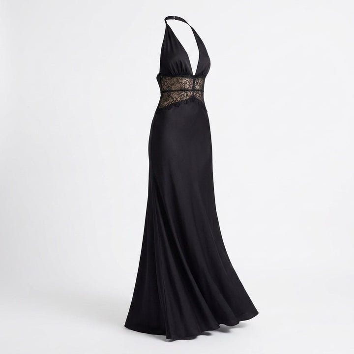 Kaminski | Elegancka Sukienka Maxi Halter z Koronkową Talią