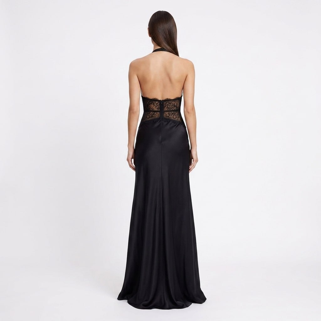Kaminski | Elegancka Sukienka Maxi Halter z Koronkową Talią