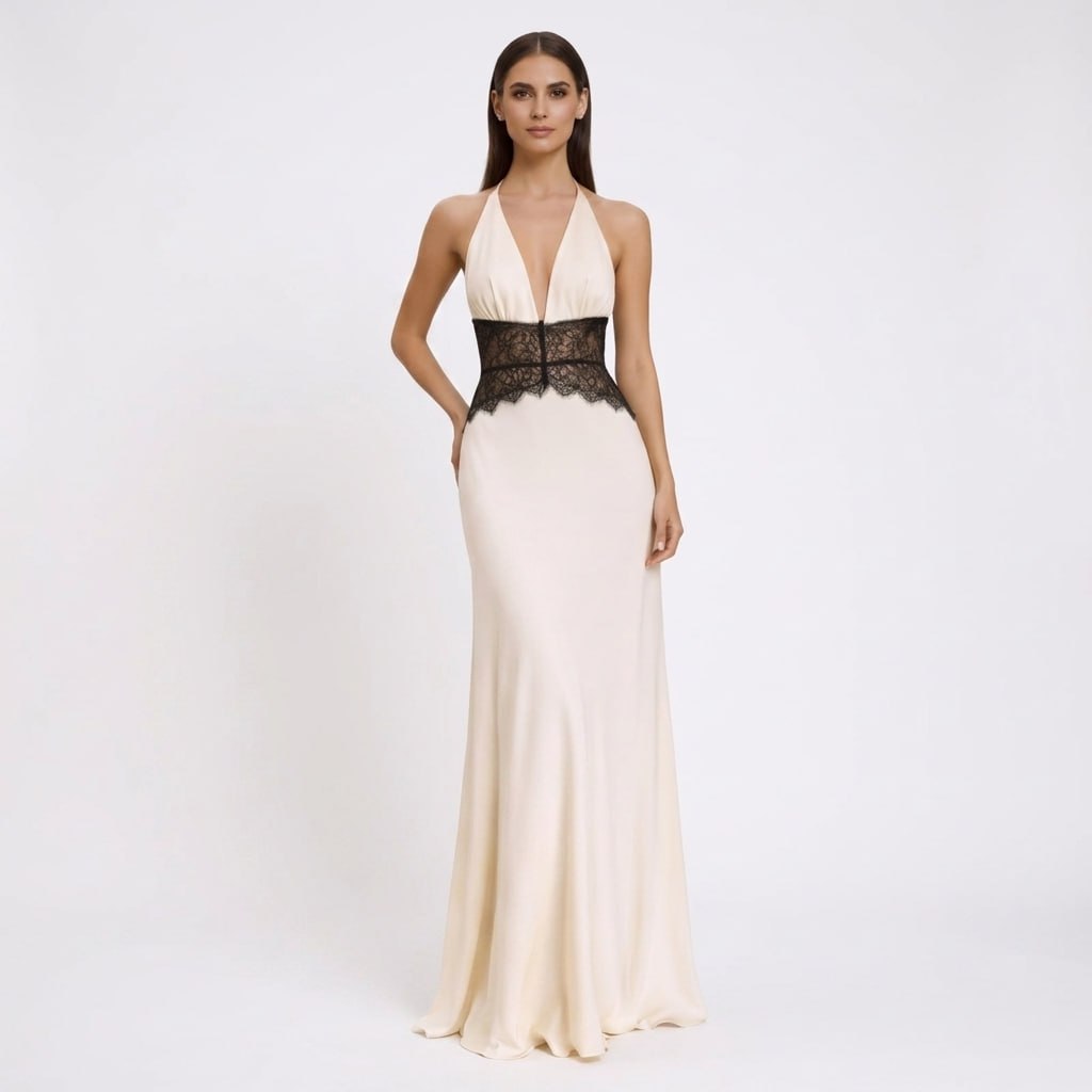 Kaminski | Elegancka Sukienka Maxi Halter z Koronkową Talią
