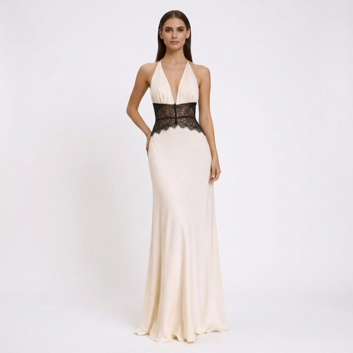 Kaminski | Elegancka Sukienka Maxi Halter z Koronkową Talią