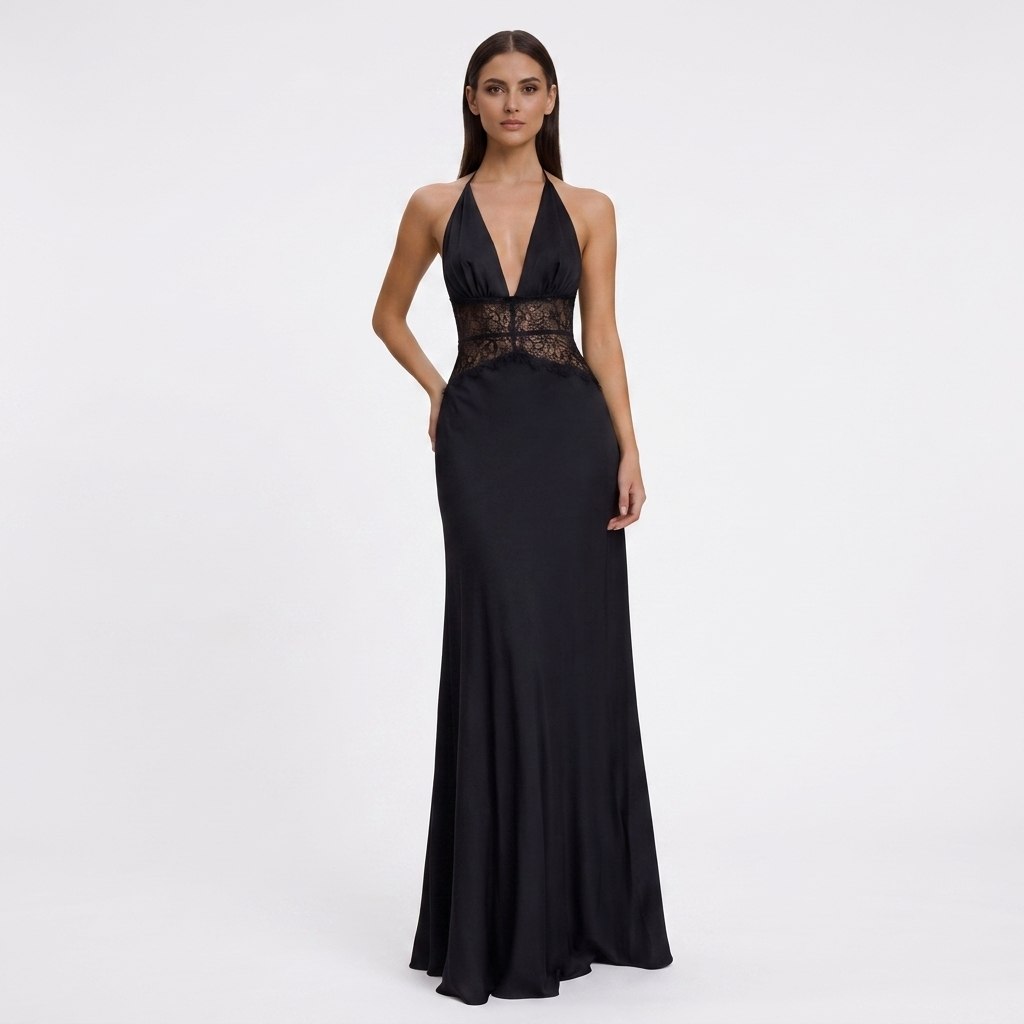 Kaminski | Elegancka Sukienka Maxi Halter z Koronkową Talią