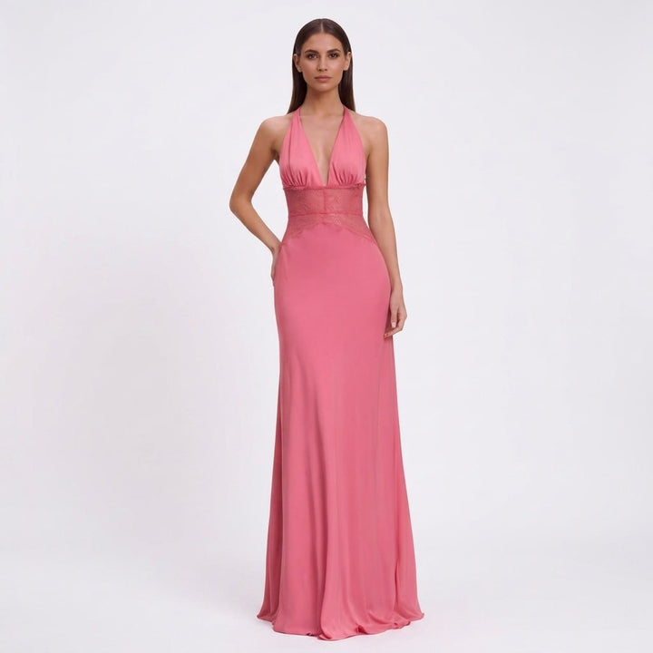 Kaminski | Elegancka Sukienka Maxi Halter z Koronkową Talią