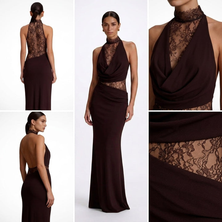 Kaminski | Elegancka Sukienka Maxi z Koronkowym Panelem Halter