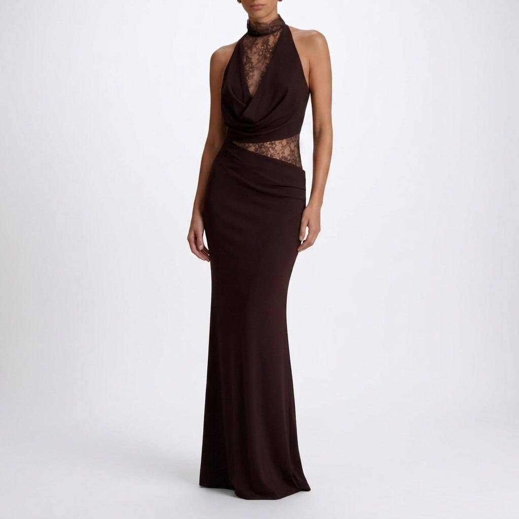 Kaminski | Elegancka Sukienka Maxi z Koronkowym Panelem Halter
