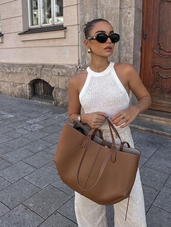 Kaminski | Duża torebka damska shopper skórzana z długimi uchwytami