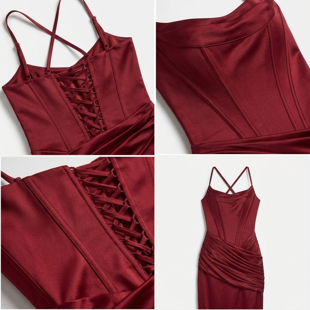 Kaminski | Elegancka Satynowa Sukienka Maxi z Gorsetem i Drapowaniem