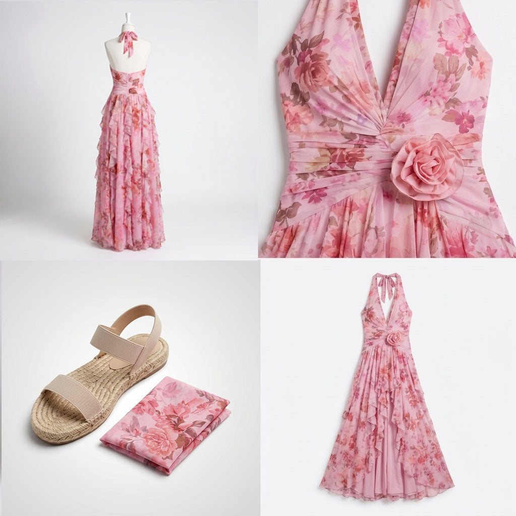 Kaminski | Sukienka Maxi w Kwiatowy Print z Falbanami i Dekoltem Halter