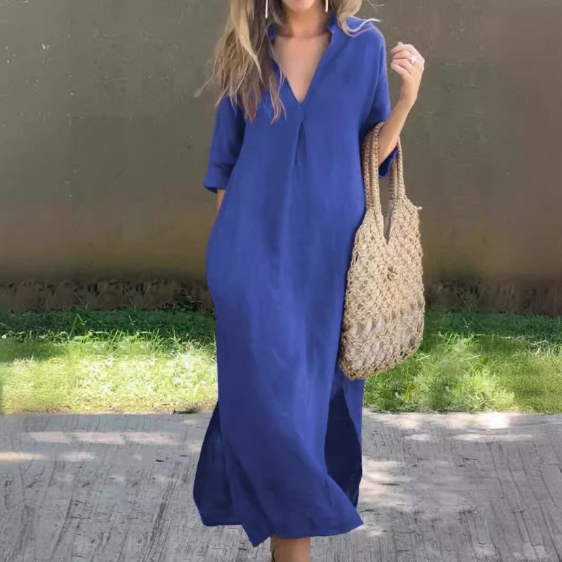 Sukienka letnia z dekoltem w serek i rozcięciem na łydkach – Soraya