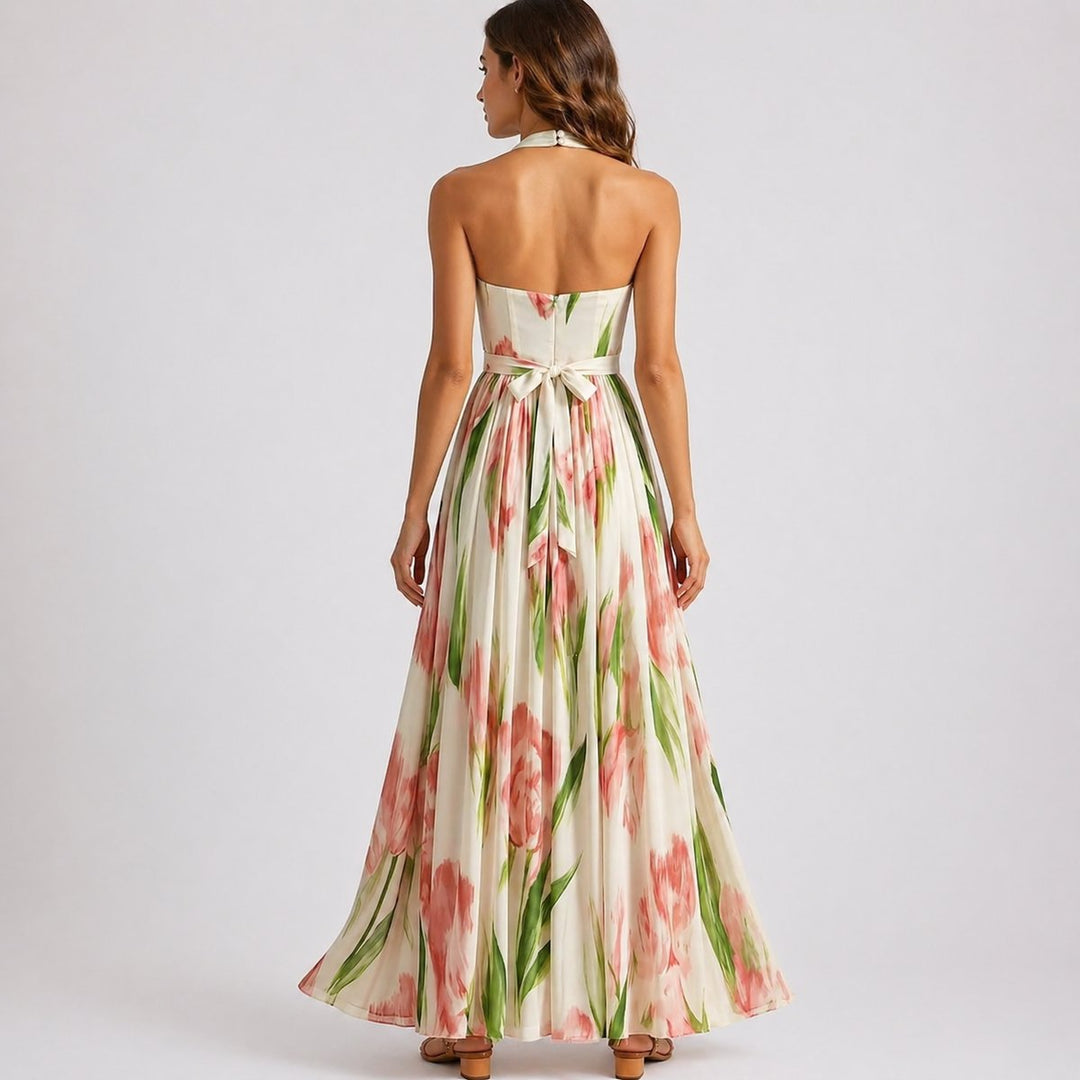Kaminski | Elegancka Sukienka Maxi w Kwiaty z Dekoltem Halter