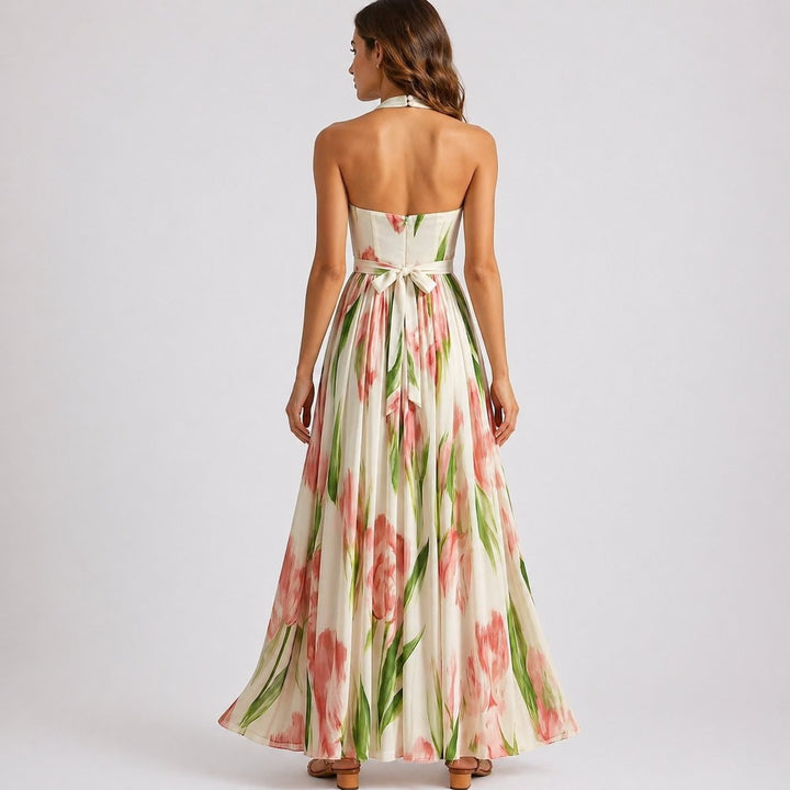 Kaminski | Elegancka Sukienka Maxi w Kwiaty z Dekoltem Halter